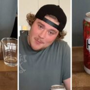 Liquor shots (l) man shares drinking test (c) beer can (r)