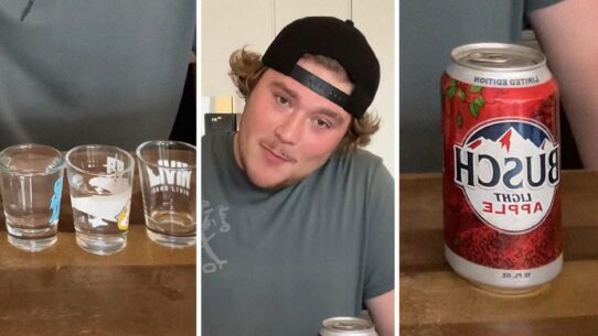 Liquor shots (l) man shares drinking test (c) beer can (r)