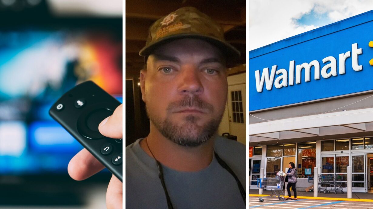 TV on the wall (l) man shares TV order issue (c) walmart storefront (r)