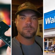 TV on the wall (l) man shares TV order issue (c) walmart storefront (r)