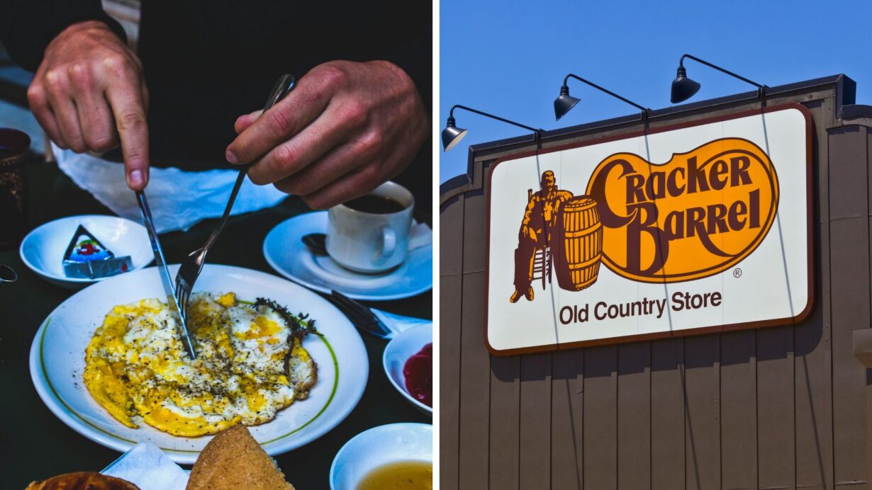 person having breakfast (l) Cracker Barrel entrance (r)