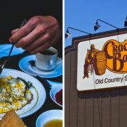 person having breakfast (l) Cracker Barrel entrance (r)