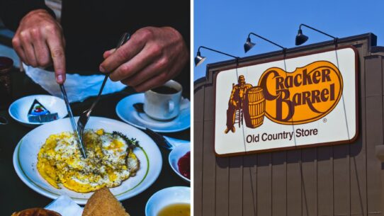 person having breakfast (l) Cracker Barrel entrance (r)