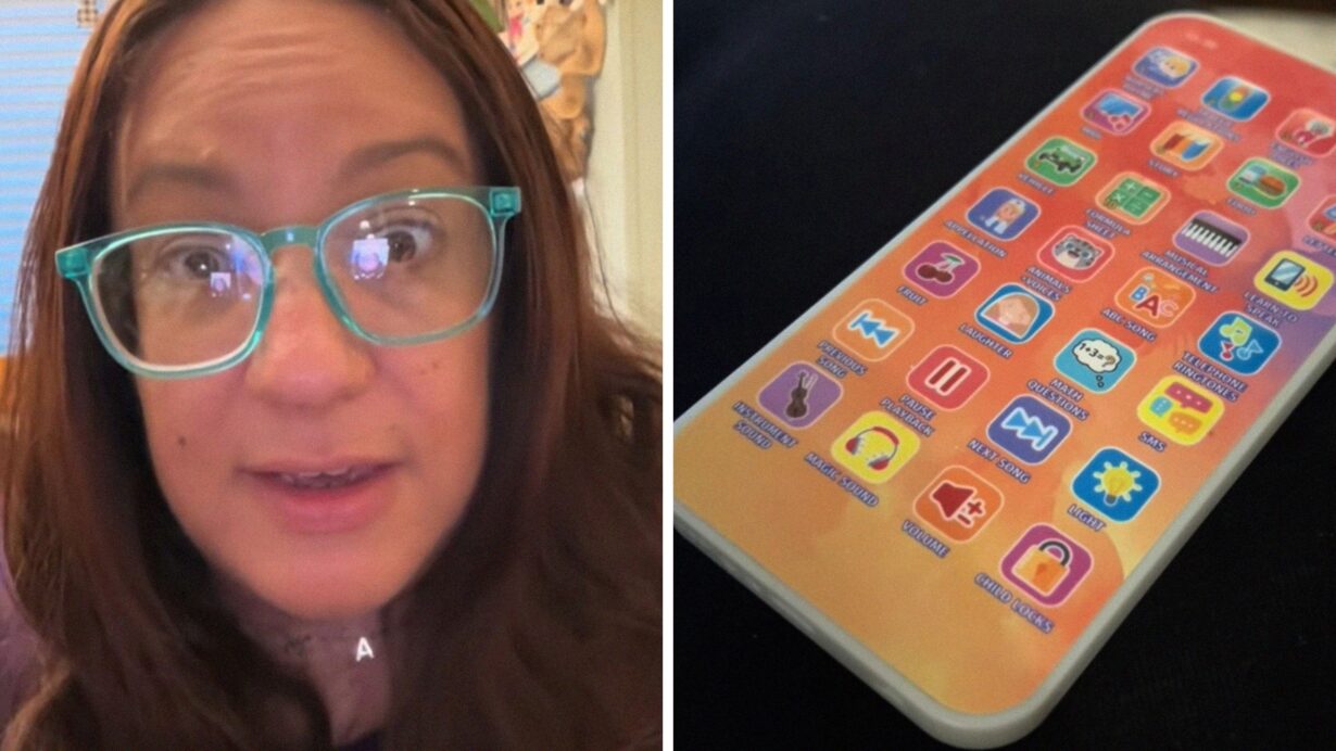 woman shares kids toy concern (l) kids phone toy (r)
