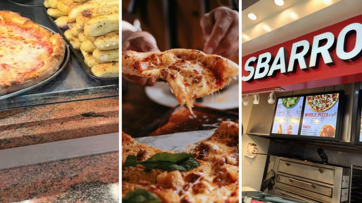 pizza counter (l) person eating pizza (c) Sbarro pizza shop (r)