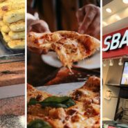 pizza counter (l) person eating pizza (c) Sbarro pizza shop (r)