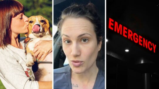 woman kissing dog (l) Doctor shares dog warnings (c) Emergency room (r)