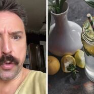 man shares a day in the service industry (l) water with lemons (r)