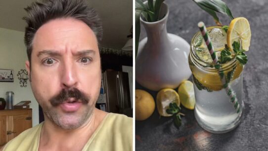 man shares a day in the service industry (l) water with lemons (r)