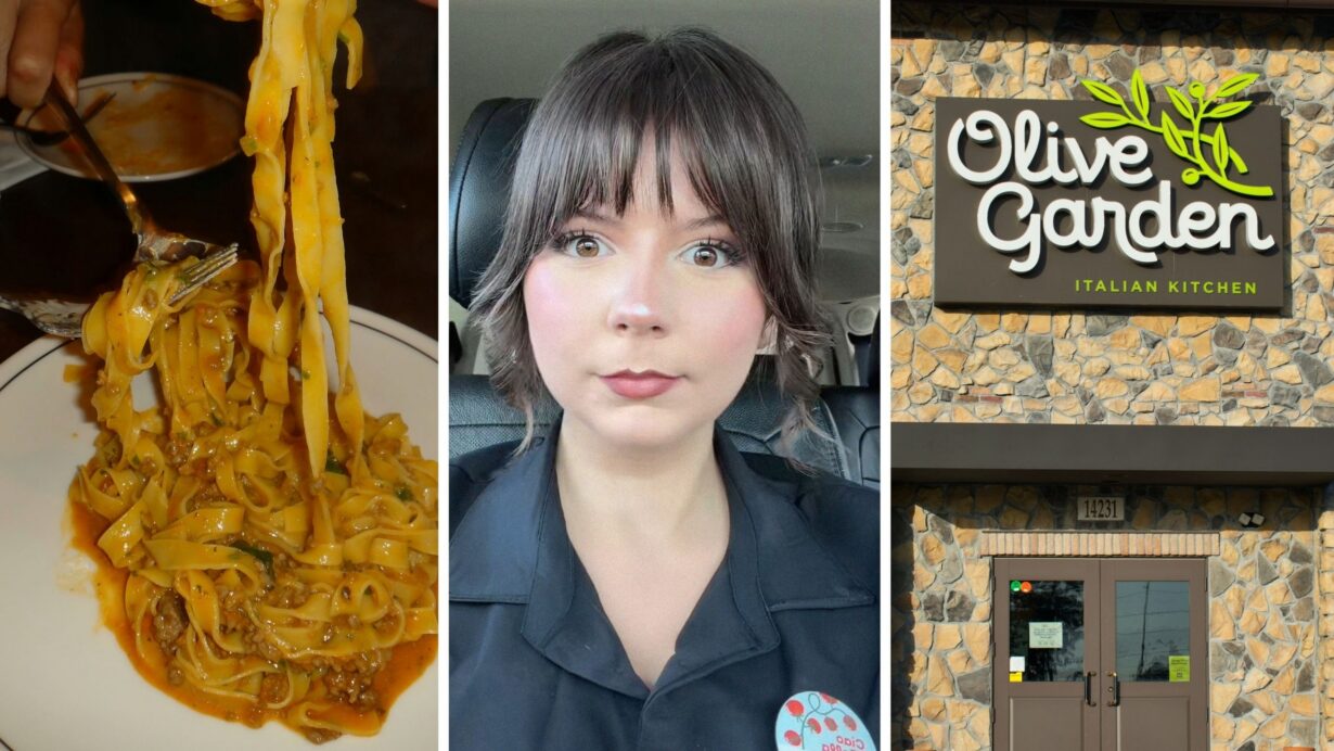 family sharing pasta (l) server shares job experience (c) Olive garden entrance (r)