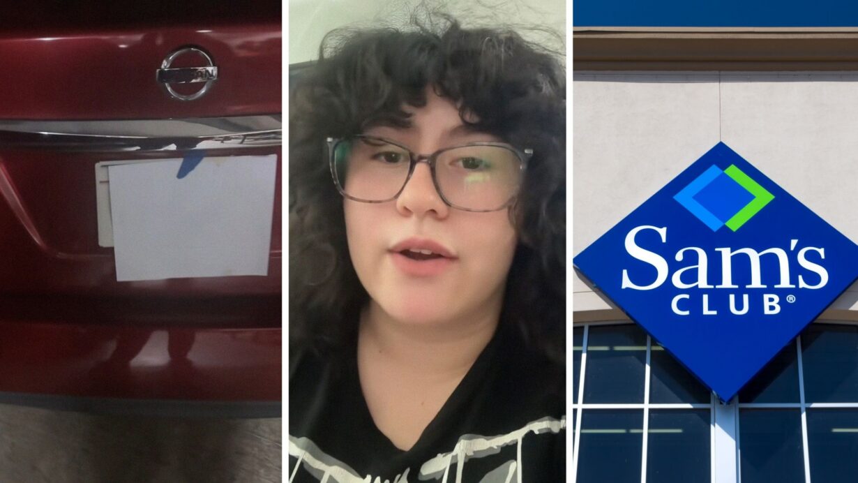 Nissan trunk (l) woman shares Sam's club issue (c) Sam's Club entrance (r)