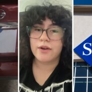 Nissan trunk (l) woman shares Sam's club issue (c) Sam's Club entrance (r)