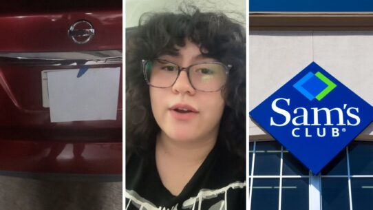 Nissan trunk (l) woman shares Sam's club issue (c) Sam's Club entrance (r)