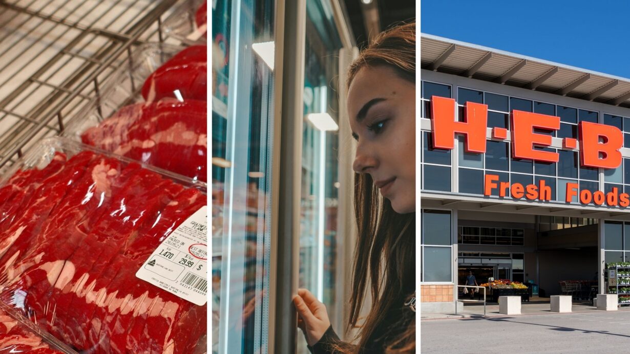packaged meat (l) woman goes meat shopping (c) H-E-B storefront (r)