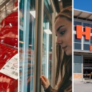 packaged meat (l) woman goes meat shopping (c) H-E-B storefront (r)