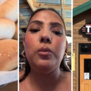 bread rolls (l) woman shares Texas roadhouse hack (c) Texas roadhouse entrance (r)