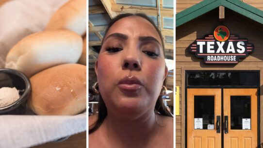 bread rolls (l) woman shares Texas roadhouse hack (c) Texas roadhouse entrance (r)