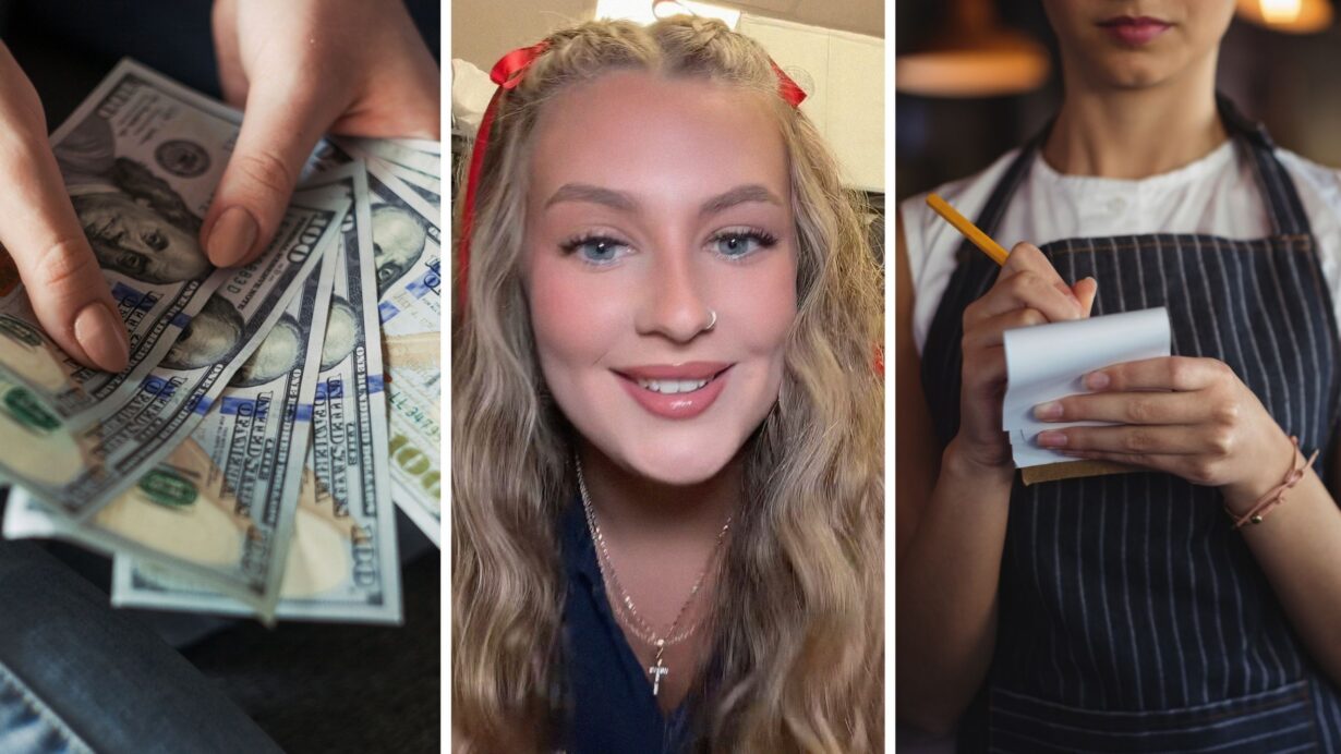 server counting her money (l) woman shares a day in the job (c) server taking orders (r)