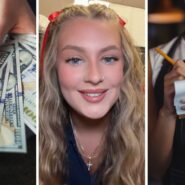 server counting her money (l) woman shares a day in the job (c) server taking orders (r)