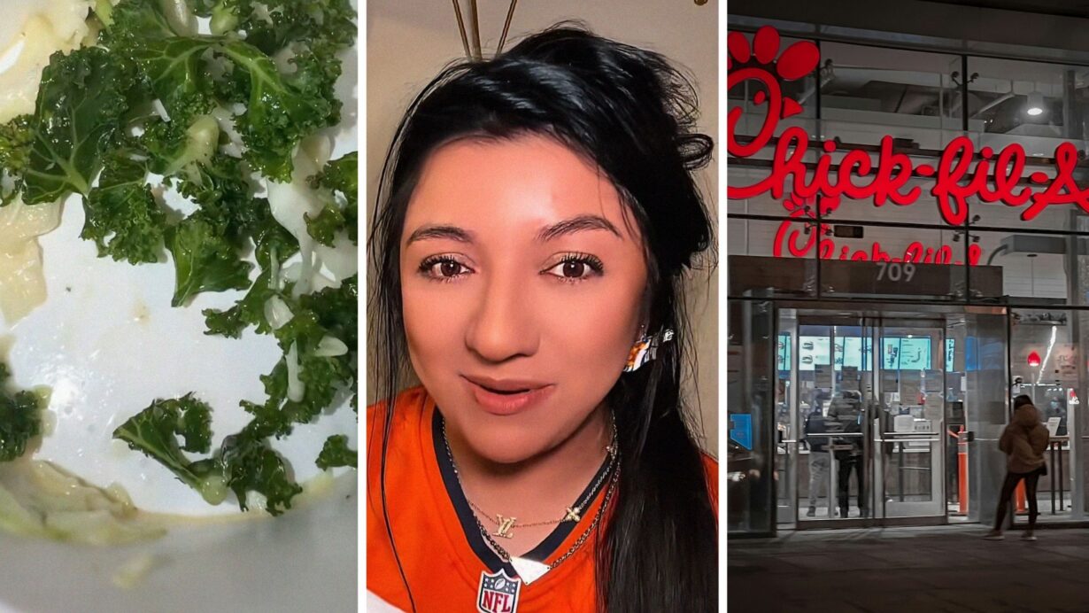 Kale salad bowl (l) woman shares food order issue (c) Chick-fil-A entrance (r)