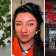 Kale salad bowl (l) woman shares food order issue (c) Chick-fil-A entrance (r)