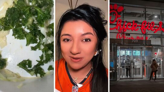 Kale salad bowl (l) woman shares food order issue (c) Chick-fil-A entrance (r)