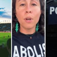 soccer stadium (l) woman shares soccer game experience (c) Ice Police (r)