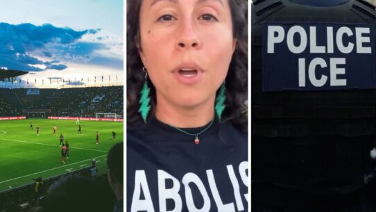 soccer stadium (l) woman shares soccer game experience (c) Ice Police (r)