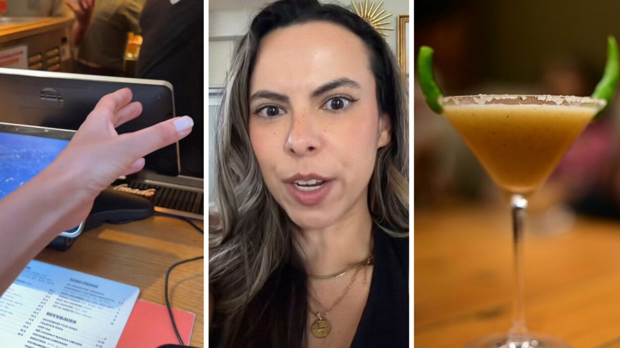 woman grabbing a drink (l) woman shares drink order (c) Mexican martini (r)