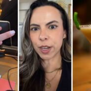 woman grabbing a drink (l) woman shares drink order (c) Mexican martini (r)