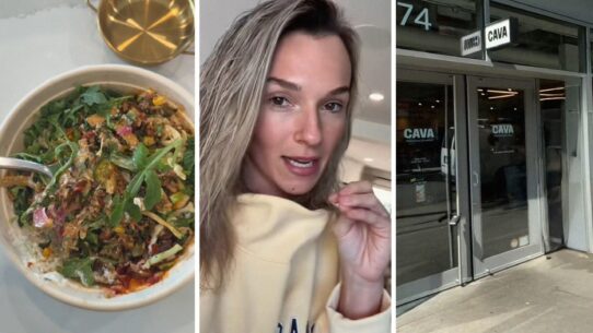 Cava bowl (l) woman shares food order issue (c) Cava entrance (r)
