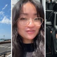 ocean view (l) woman shares uber experience (c) Uber ride (r)