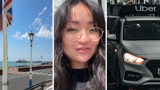 ocean view (l) woman shares uber experience (c) Uber ride (r)