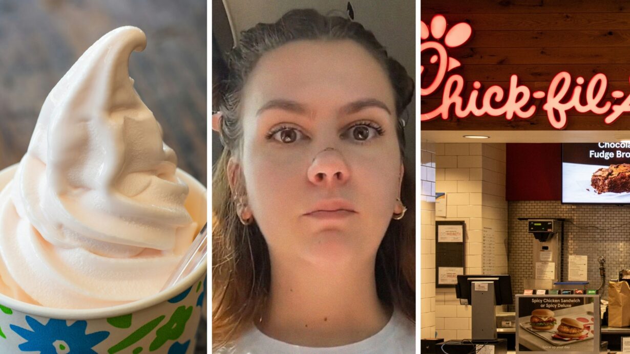vanilla ice cream (l) woman shares Chick-Fil-A experience (c) Chick-Fil-A fast food (r)