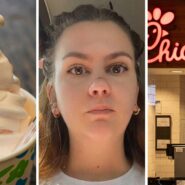 vanilla ice cream (l) woman shares Chick-Fil-A experience (c) Chick-Fil-A fast food (r)