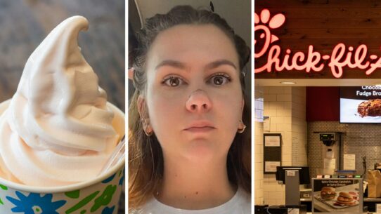 vanilla ice cream (l) woman shares Chick-Fil-A experience (c) Chick-Fil-A fast food (r)