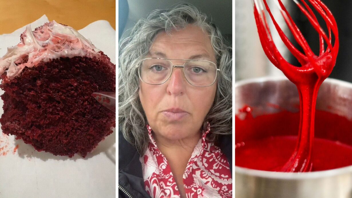 red velvet cake (l) woman shares cake issue (c) cake batter (r)