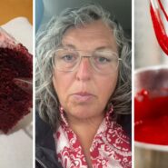 red velvet cake (l) woman shares cake issue (c) cake batter (r)