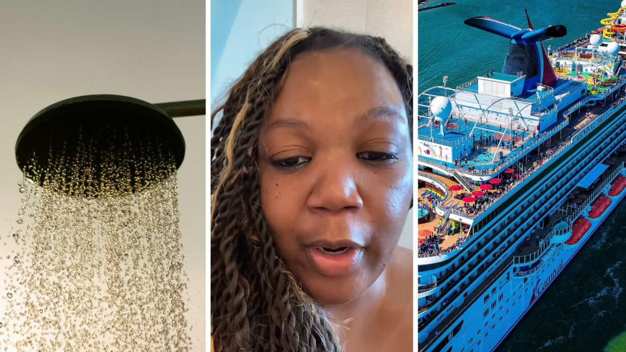 shower on (l) woman shares cruise concern (c) Carnival cruise (r)