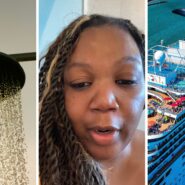 shower on (l) woman shares cruise concern (c) Carnival cruise (r)