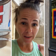 chili powder (l) woman shares purchase issue (c) Aldi storefront (r)