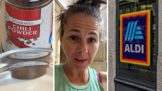 chili powder (l) woman shares purchase issue (c) Aldi storefront (r)
