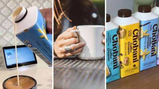 pouring creaming (l) woman having coffee (c) new Chobani creamers (r)