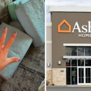 woman shares couch issues (l) Ashley Homestore entrance (r)