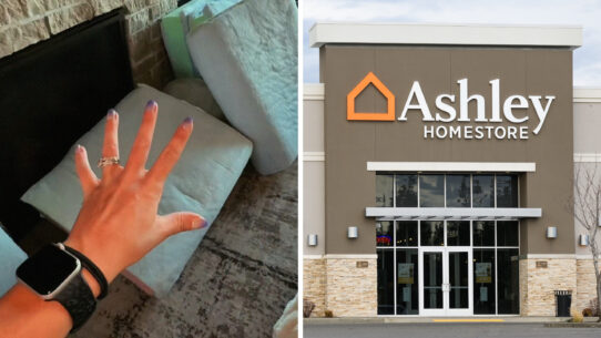 woman shares couch issues (l) Ashley Homestore entrance (r)