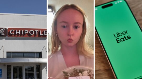 chipotle fast food (l) woman shares UberEats hack (c) UberEats app (r)