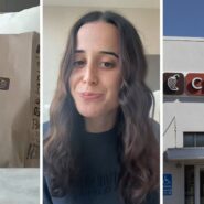 chipotle food bag (l) woman shares Chipotle issue (c) Chipotle entrance (r)