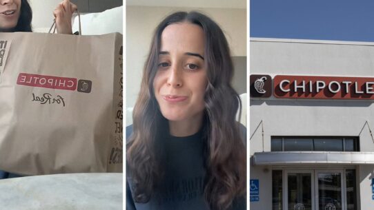 chipotle food bag (l) woman shares Chipotle issue (c) Chipotle entrance (r)