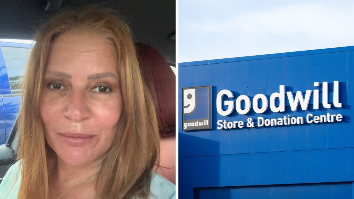 woman shares Goodwill purchase (l) Goodwill storefront (r)