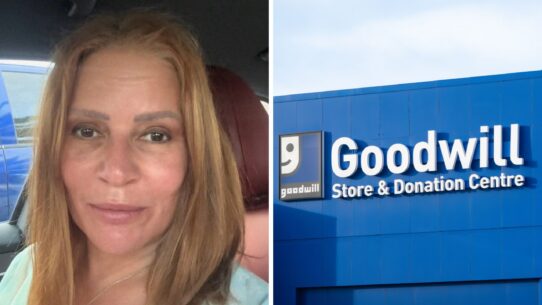 woman shares Goodwill purchase (l) Goodwill storefront (r)